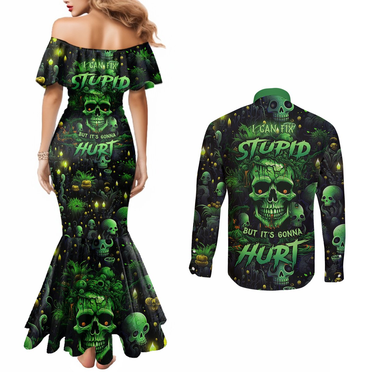 i-can-fix-stupid-but-is-gonna-hurt-couples-matching-mermaid-dress-and-long-sleeve-button-shirts