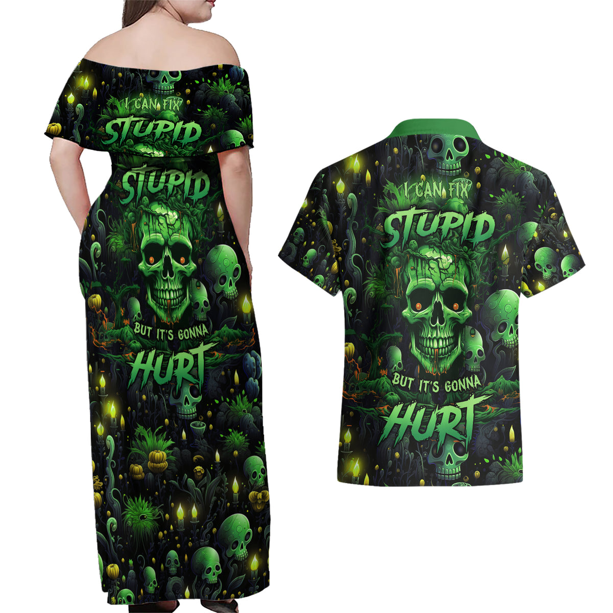 I Can Fix Stupid But Is Gonna Hurt Couples Matching Off Shoulder Maxi Dress and Hawaiian Shirt - Wonder Print Shop