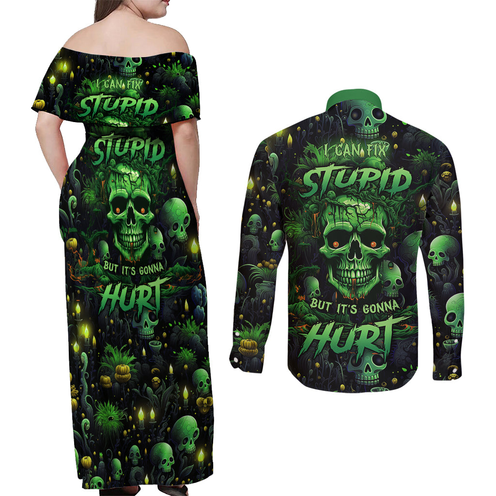 I Can Fix Stupid But Is Gonna Hurt Couples Matching Off Shoulder Maxi Dress and Long Sleeve Button Shirts - Wonder Print Shop