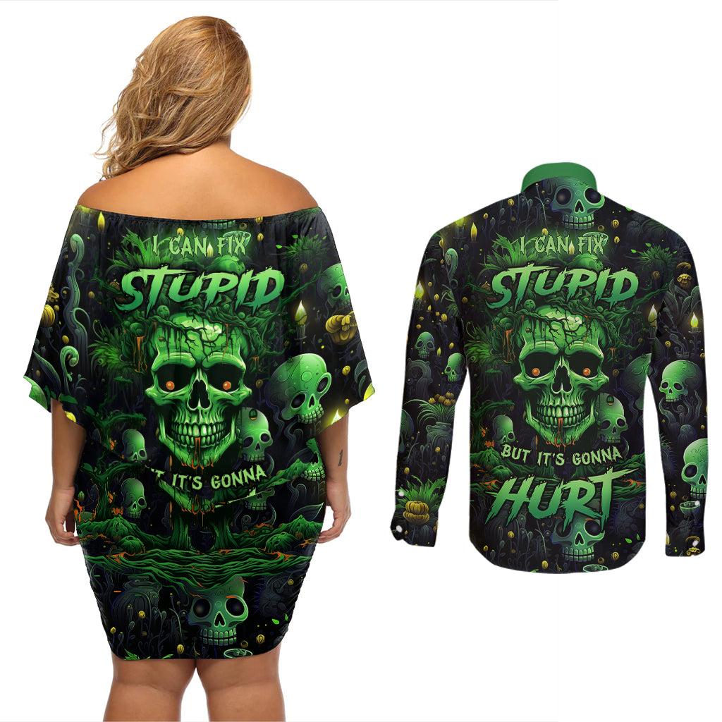 I Can Fix Stupid But Is Gonna Hurt Couples Matching Off Shoulder Short Dress and Long Sleeve Button Shirts - Wonder Print Shop