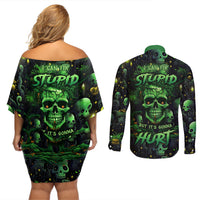 I Can Fix Stupid But Is Gonna Hurt Couples Matching Off Shoulder Short Dress and Long Sleeve Button Shirts - Wonder Print Shop
