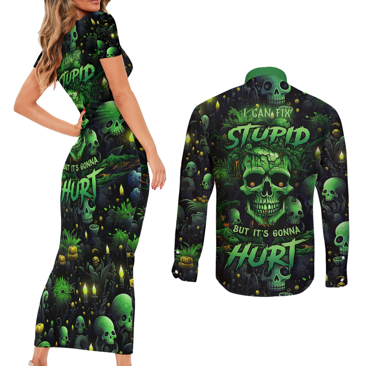 I Can Fix Stupid But Is Gonna Hurt Couples Matching Short Sleeve Bodycon Dress and Long Sleeve Button Shirts - Wonder Print Shop