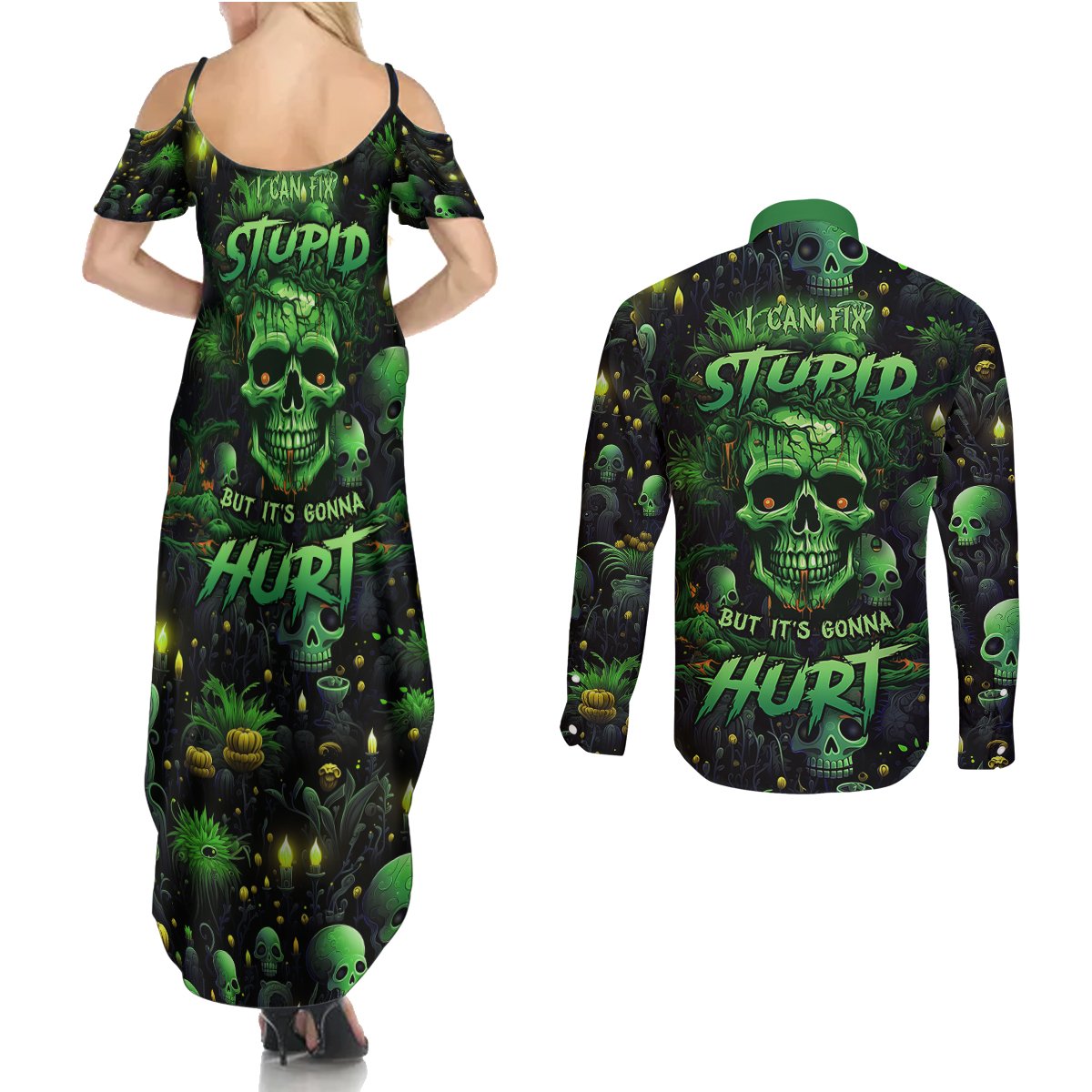 I Can Fix Stupid But Is Gonna Hurt Couples Matching Summer Maxi Dress and Long Sleeve Button Shirts - Wonder Print Shop
