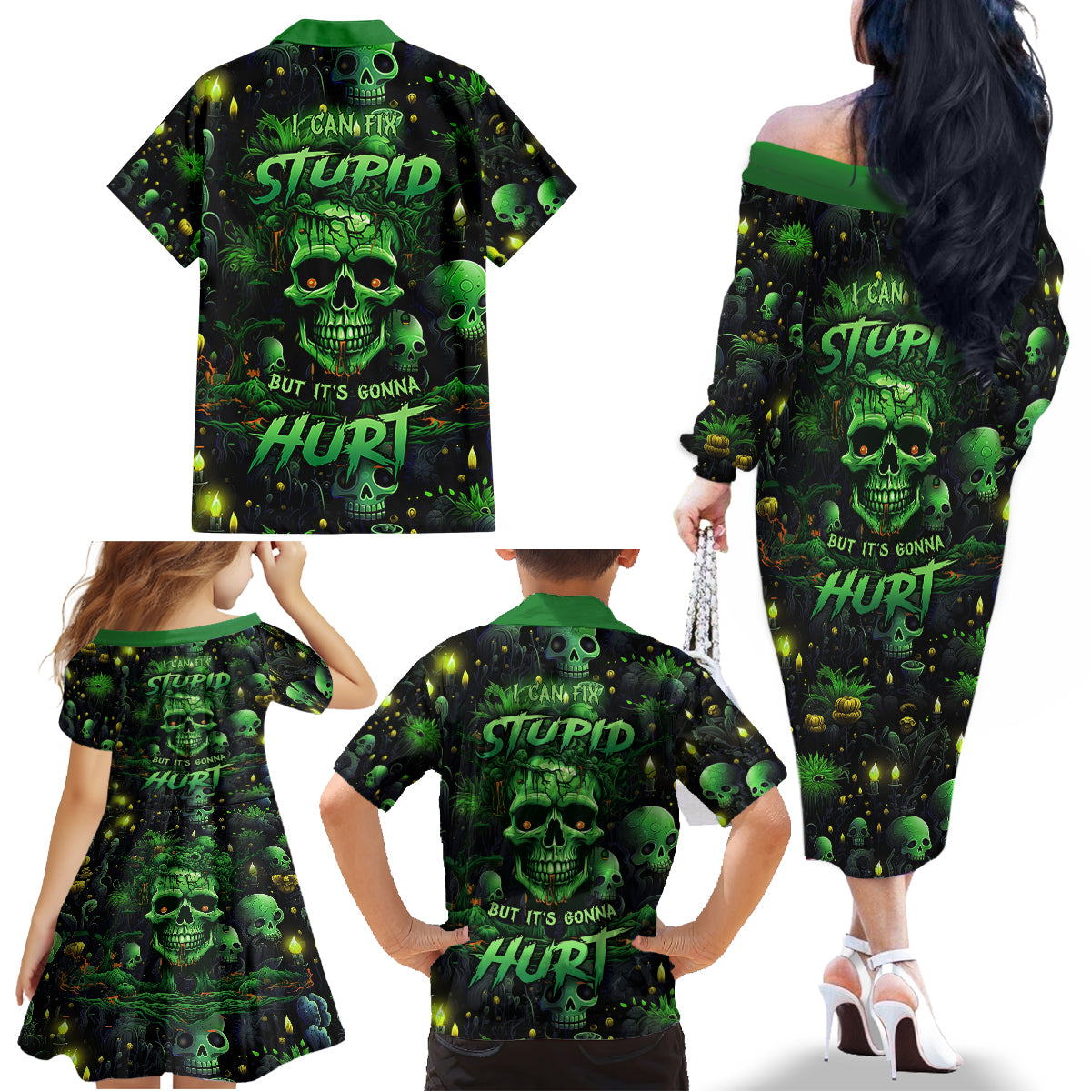 I Can Fix Stupid But Is Gonna Hurt Family Matching Off Shoulder Long Sleeve Dress and Hawaiian Shirt - Wonder Print Shop