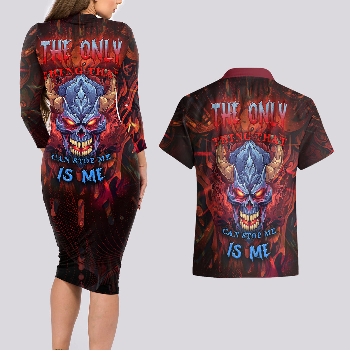 The Only Thing That Can Stop Me Is Me Couples Matching Long Sleeve Bodycon Dress and Hawaiian Shirt - Wonder Print Shop