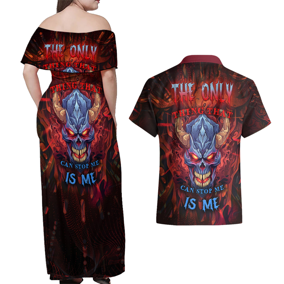 The Only Thing That Can Stop Me Is Me Couples Matching Off Shoulder Maxi Dress and Hawaiian Shirt - Wonder Print Shop