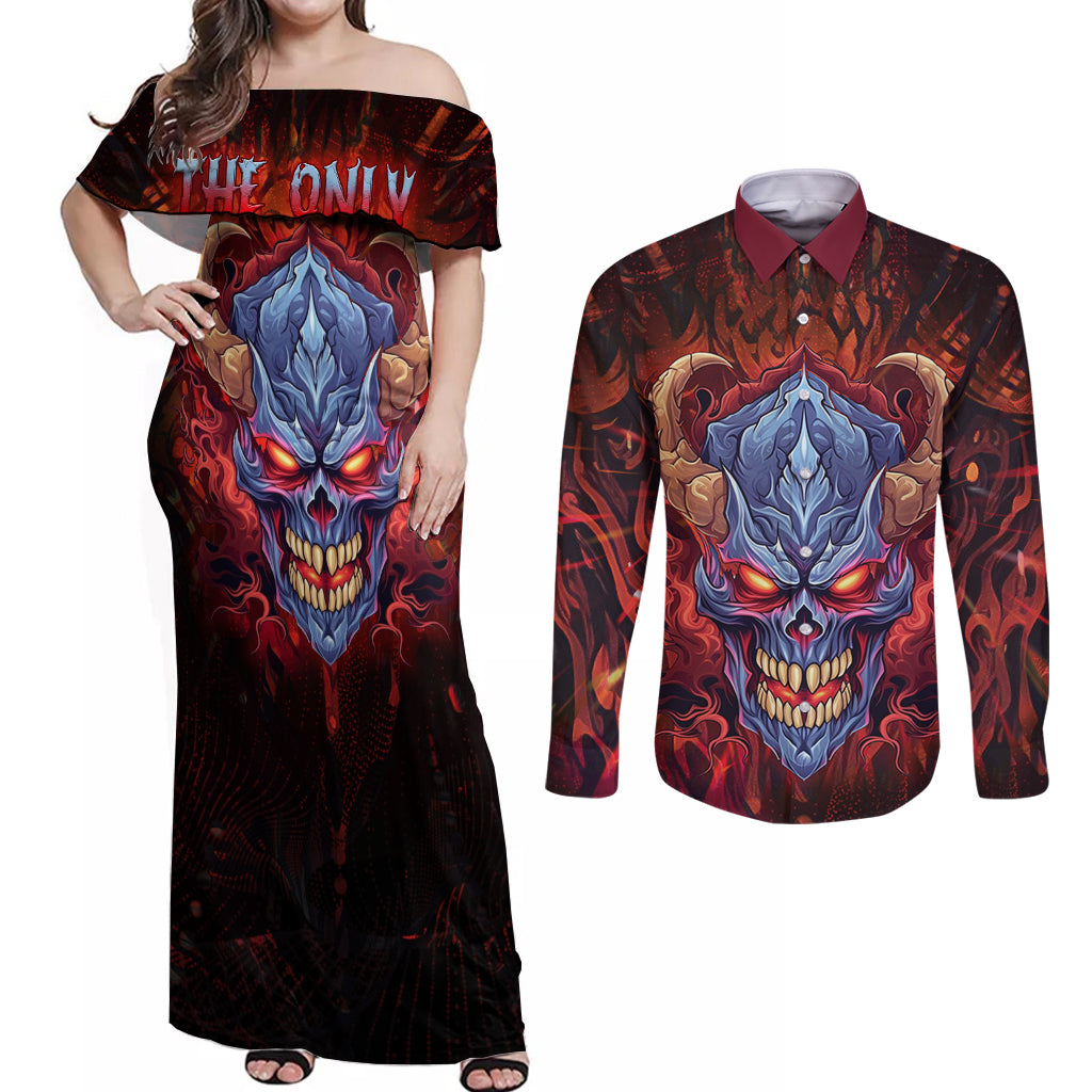 The Only Thing That Can Stop Me Is Me Couples Matching Off Shoulder Maxi Dress and Long Sleeve Button Shirts - Wonder Print Shop