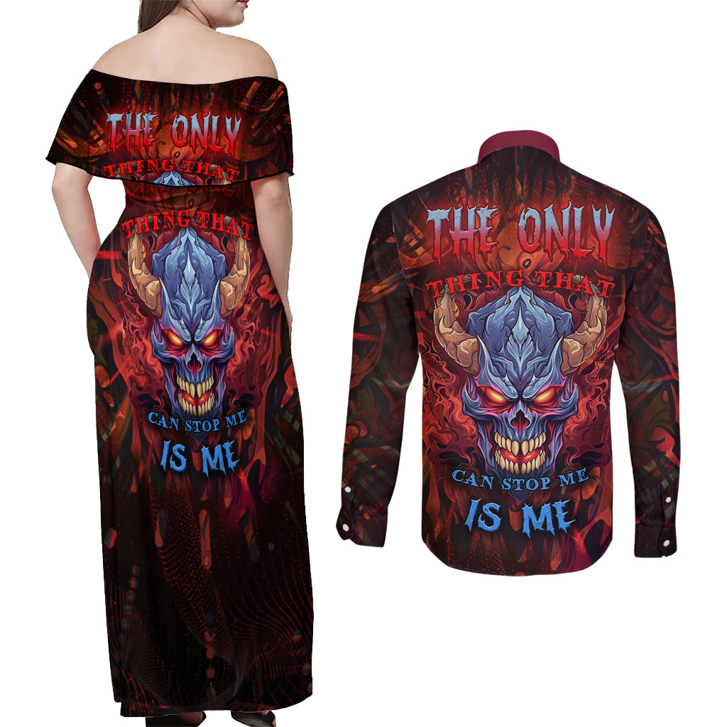 The Only Thing That Can Stop Me Is Me Couples Matching Off Shoulder Maxi Dress and Long Sleeve Button Shirts - Wonder Print Shop