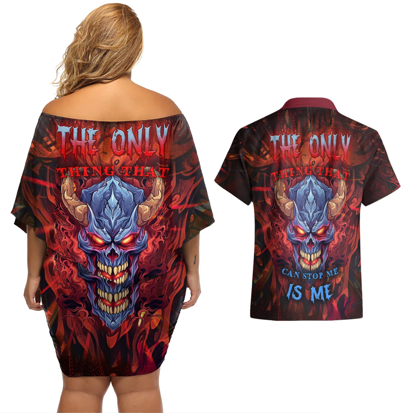 The Only Thing That Can Stop Me Is Me Couples Matching Off Shoulder Short Dress and Hawaiian Shirt - Wonder Print Shop
