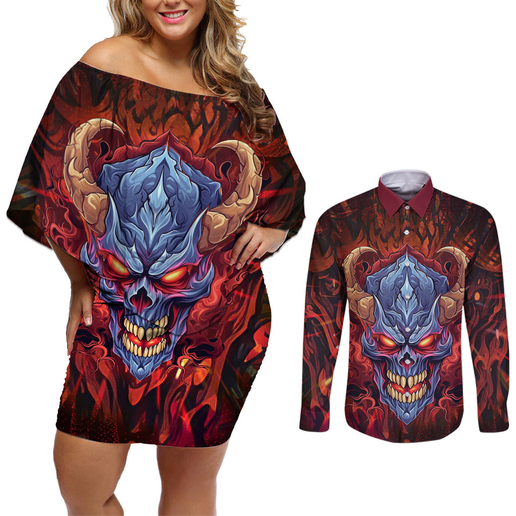The Only Thing That Can Stop Me Is Me Couples Matching Off Shoulder Short Dress and Long Sleeve Button Shirts - Wonder Print Shop