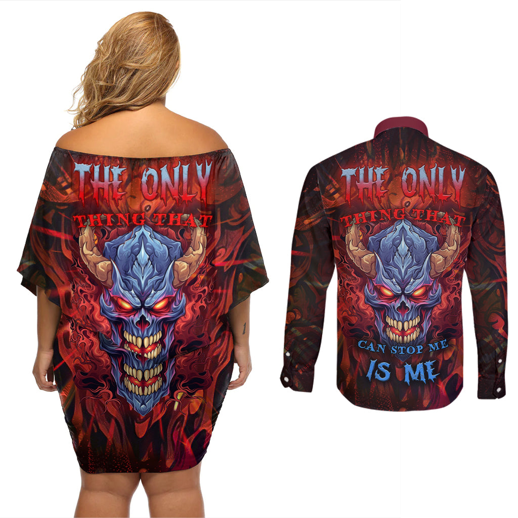 The Only Thing That Can Stop Me Is Me Couples Matching Off Shoulder Short Dress and Long Sleeve Button Shirts - Wonder Print Shop