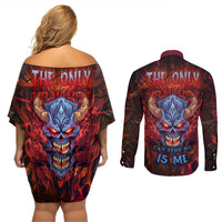 The Only Thing That Can Stop Me Is Me Couples Matching Off Shoulder Short Dress and Long Sleeve Button Shirts - Wonder Print Shop