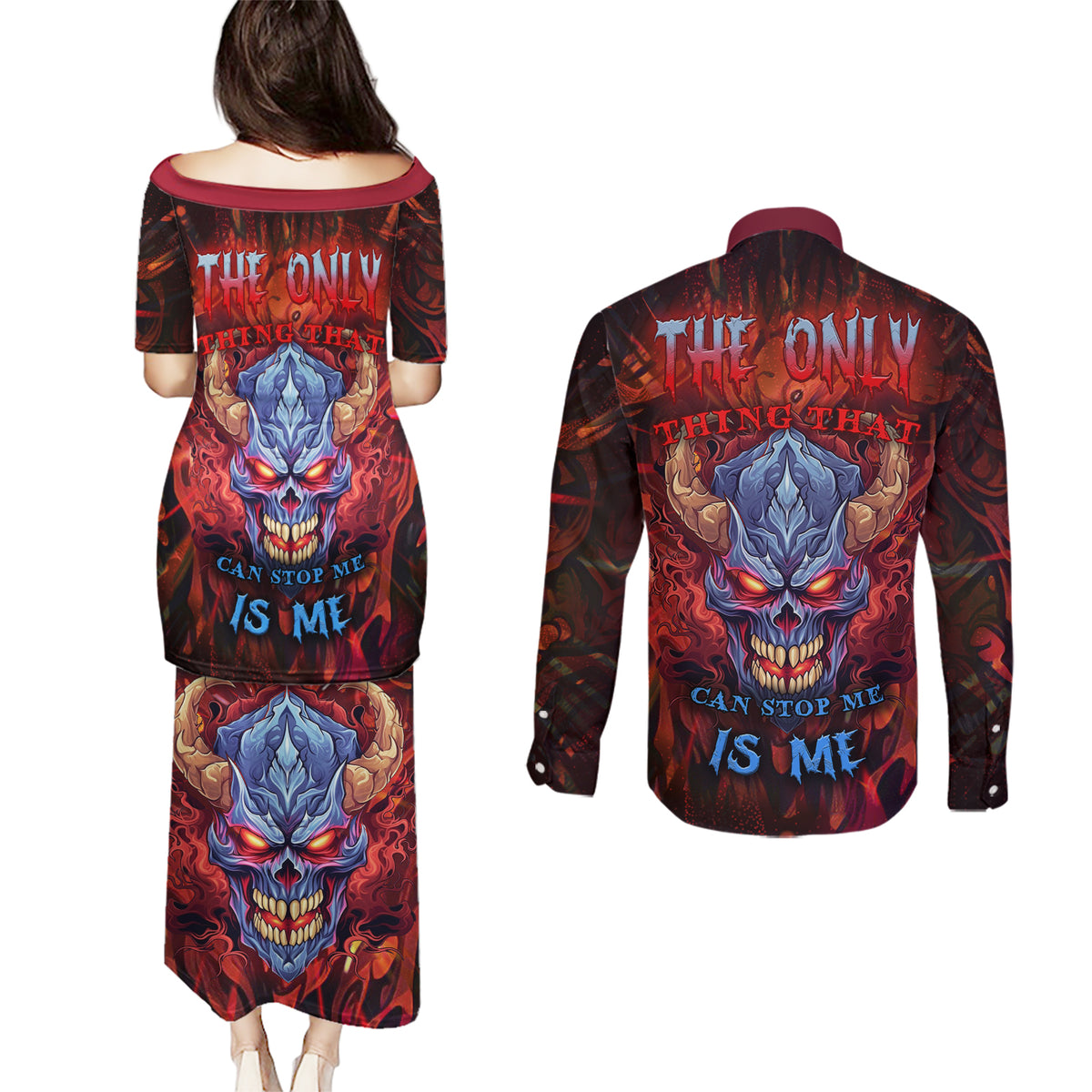 The Only Thing That Can Stop Me Is Me Couples Matching Puletasi Dress and Long Sleeve Button Shirts - Wonder Print Shop