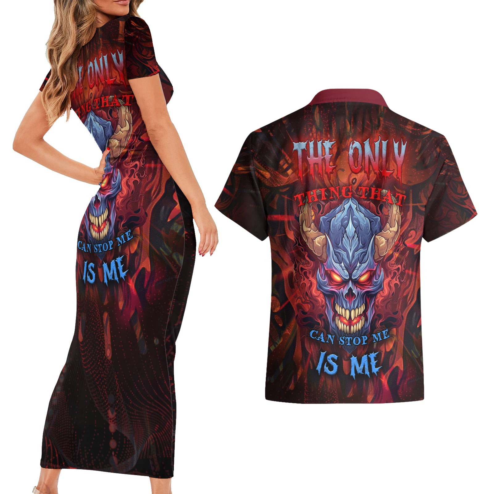 The Only Thing That Can Stop Me Is Me Couples Matching Short Sleeve Bodycon Dress and Hawaiian Shirt - Wonder Print Shop