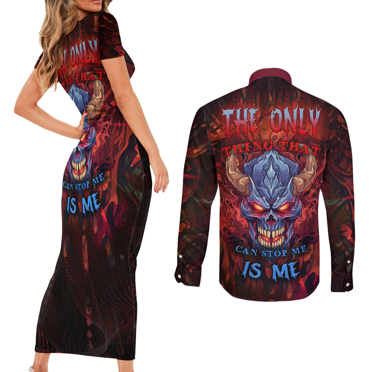 The Only Thing That Can Stop Me Is Me Couples Matching Short Sleeve Bodycon Dress and Long Sleeve Button Shirts - Wonder Print Shop