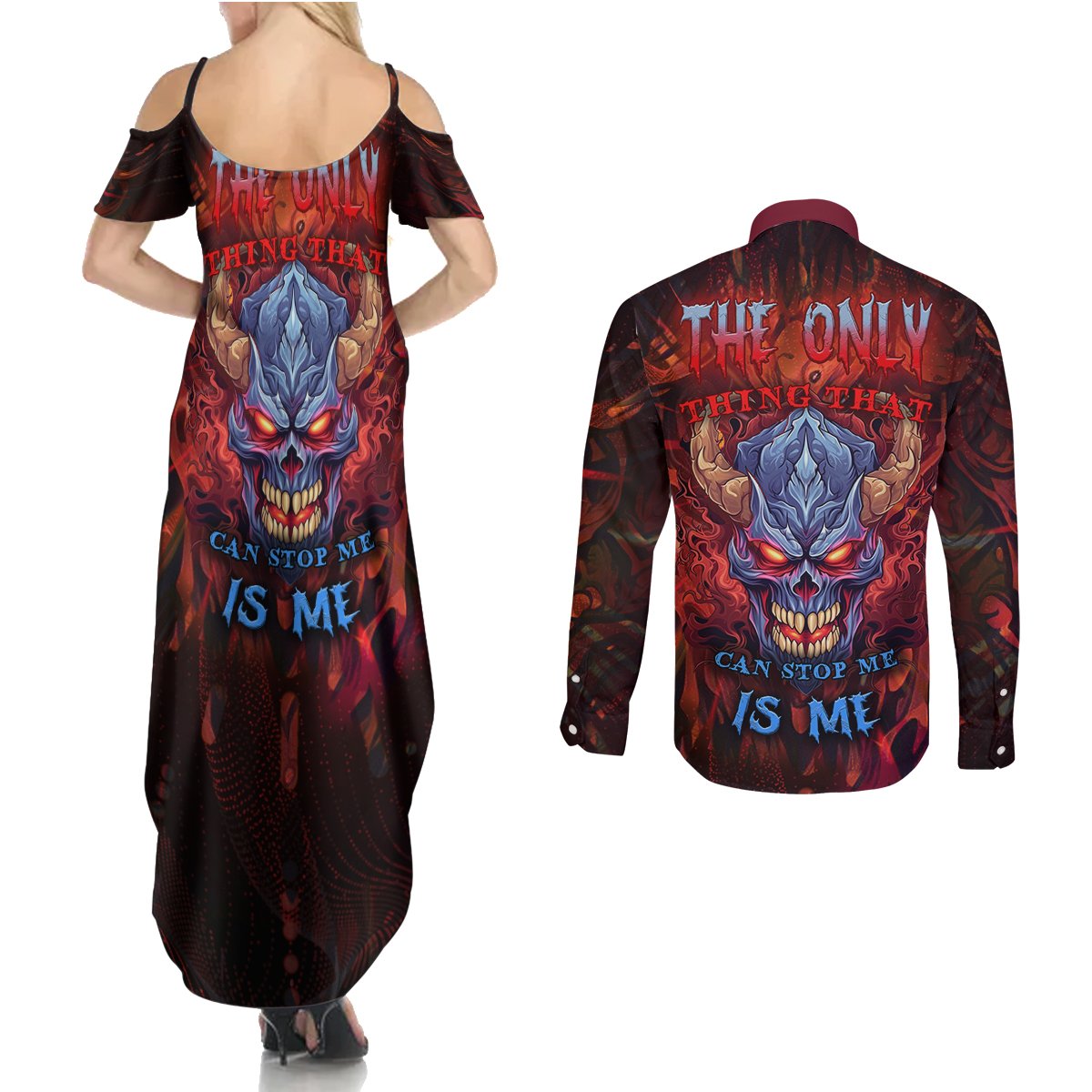 The Only Thing That Can Stop Me Is Me Couples Matching Summer Maxi Dress and Long Sleeve Button Shirts - Wonder Print Shop