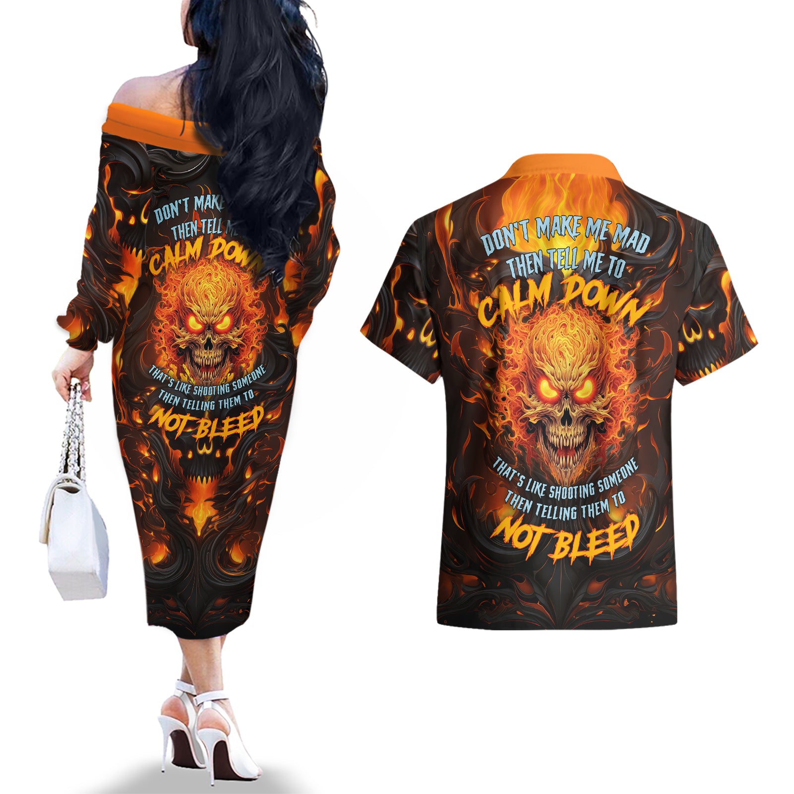 Don't Make Me Mad Couples Matching Off The Shoulder Long Sleeve Dress and Hawaiian Shirt - Wonder Print Shop