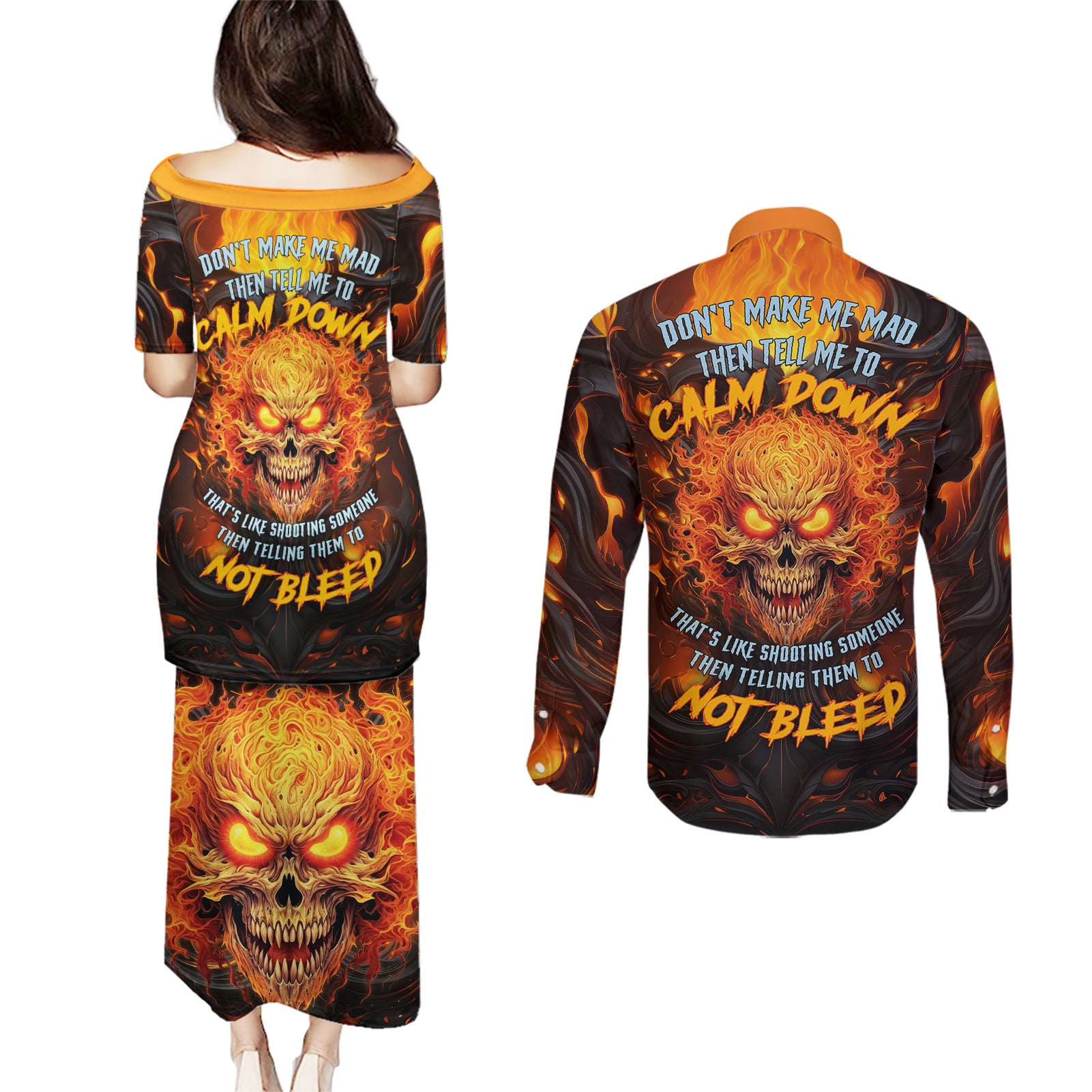 Don't Make Me Mad Couples Matching Puletasi Dress and Long Sleeve Button Shirts - Wonder Print Shop