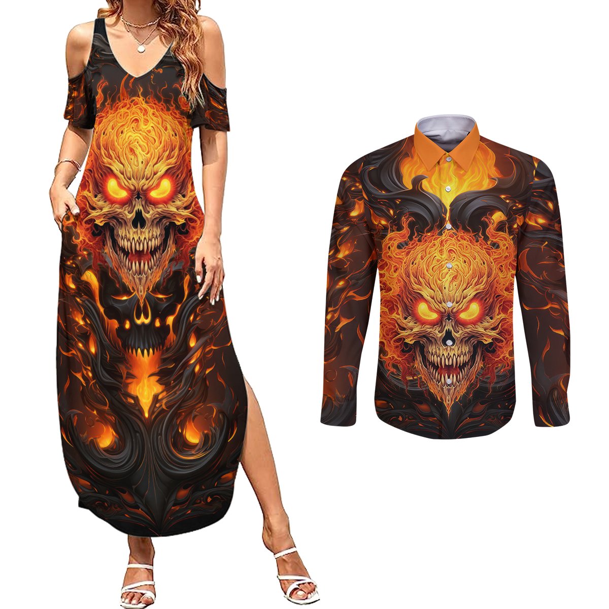 Don't Make Me Mad Couples Matching Summer Maxi Dress and Long Sleeve Button Shirts - Wonder Print Shop