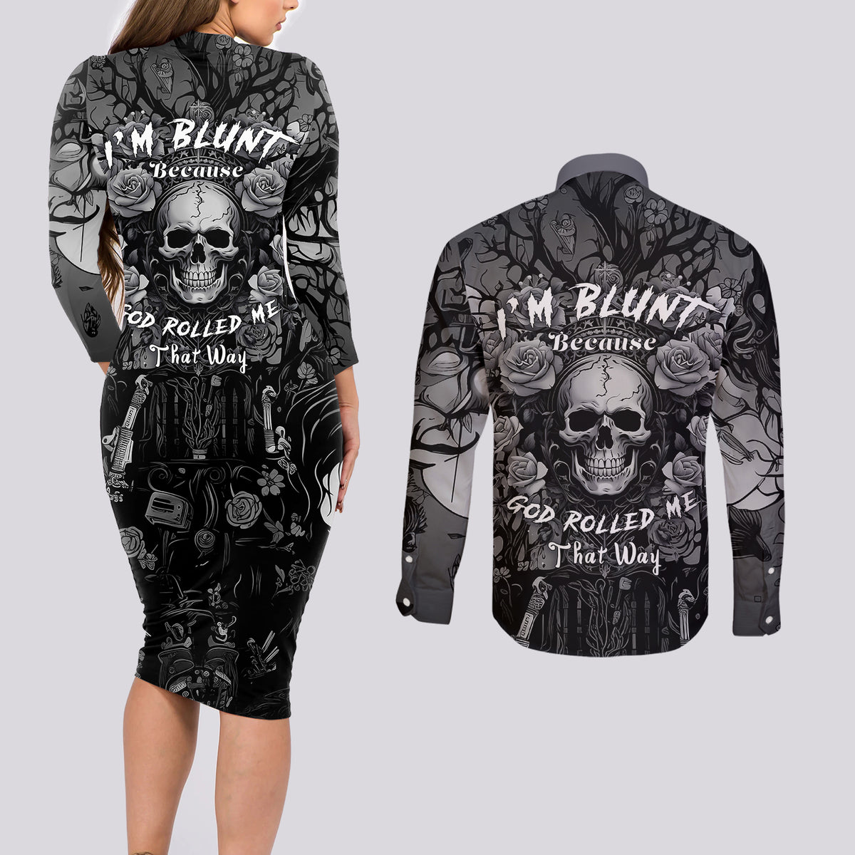 I'm Blunt Because God Rolled Me That Way Couples Matching Long Sleeve Bodycon Dress and Long Sleeve Button Shirts - Wonder Print Shop