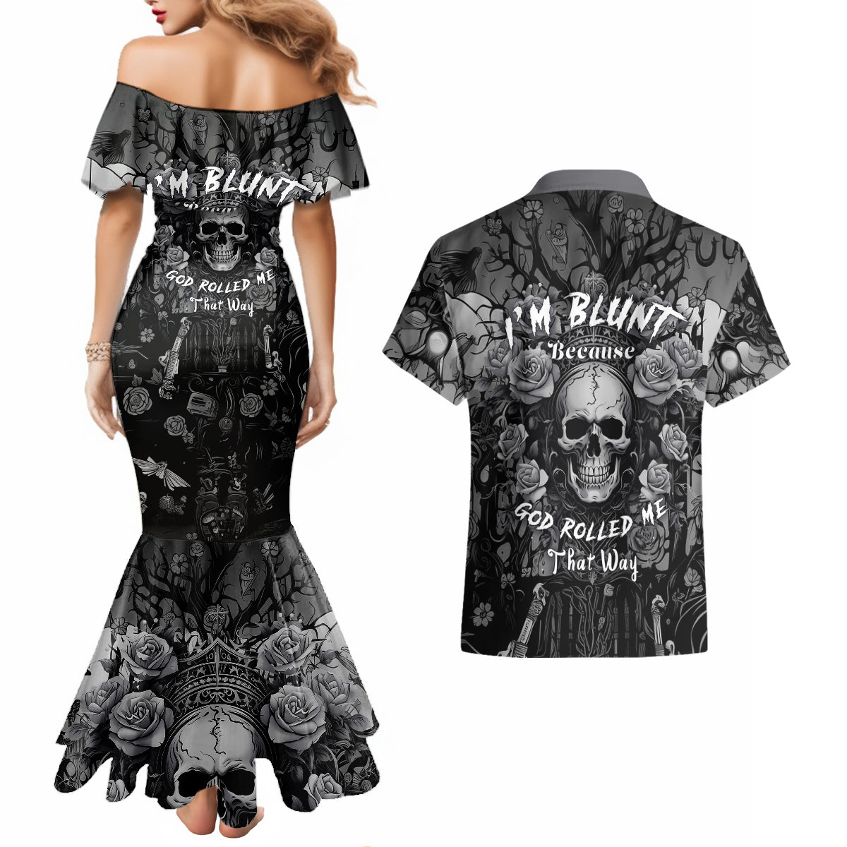 I'm Blunt Because God Rolled Me That Way Couples Matching Mermaid Dress and Hawaiian Shirt - Wonder Print Shop