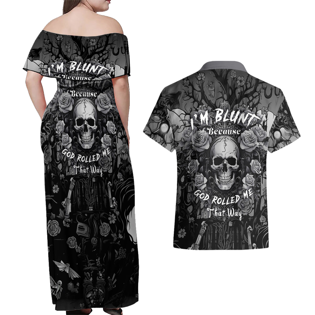 I'm Blunt Because God Rolled Me That Way Couples Matching Off Shoulder Maxi Dress and Hawaiian Shirt - Wonder Print Shop