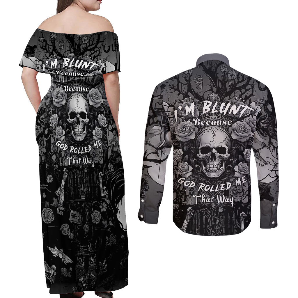 I'm Blunt Because God Rolled Me That Way Couples Matching Off Shoulder Maxi Dress and Long Sleeve Button Shirts - Wonder Print Shop