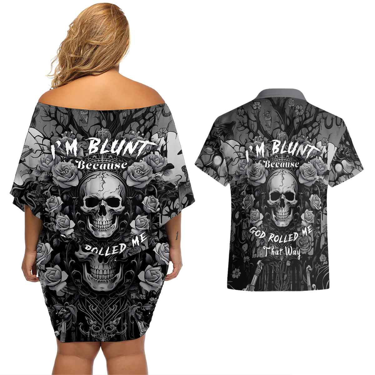 I'm Blunt Because God Rolled Me That Way Couples Matching Off Shoulder Short Dress and Hawaiian Shirt - Wonder Print Shop