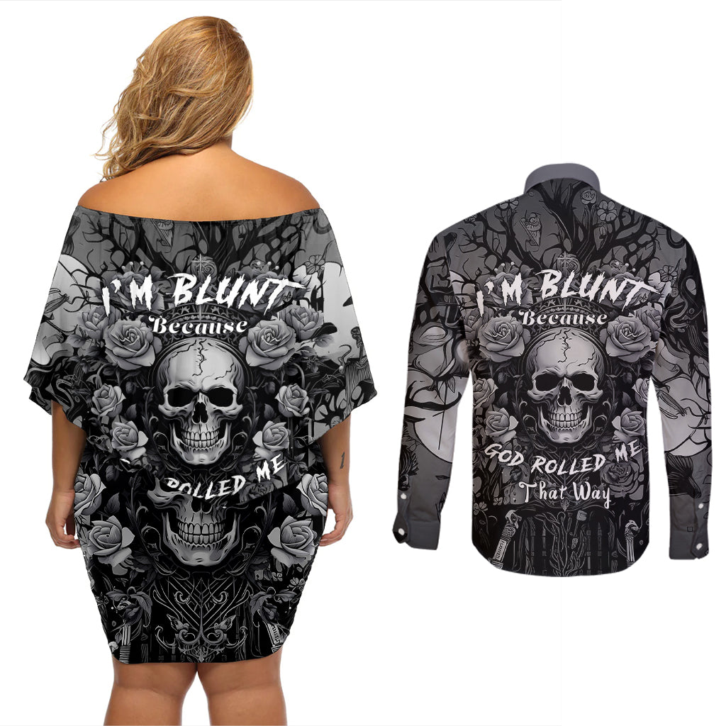 I'm Blunt Because God Rolled Me That Way Couples Matching Off Shoulder Short Dress and Long Sleeve Button Shirts - Wonder Print Shop