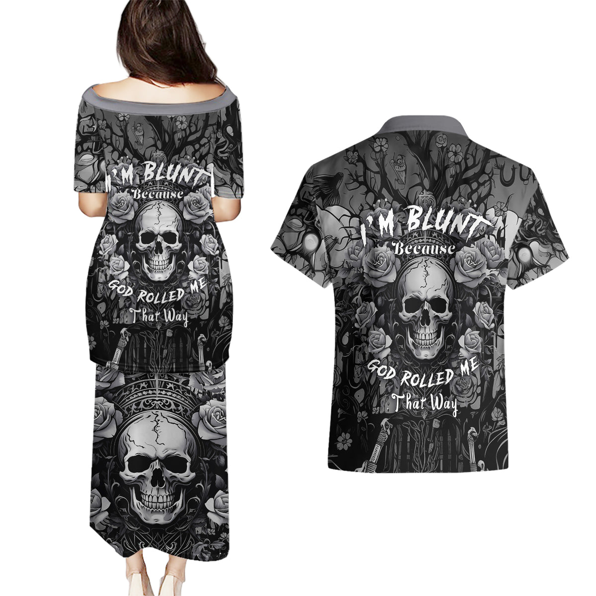 I'm Blunt Because God Rolled Me That Way Couples Matching Puletasi Dress and Hawaiian Shirt - Wonder Print Shop