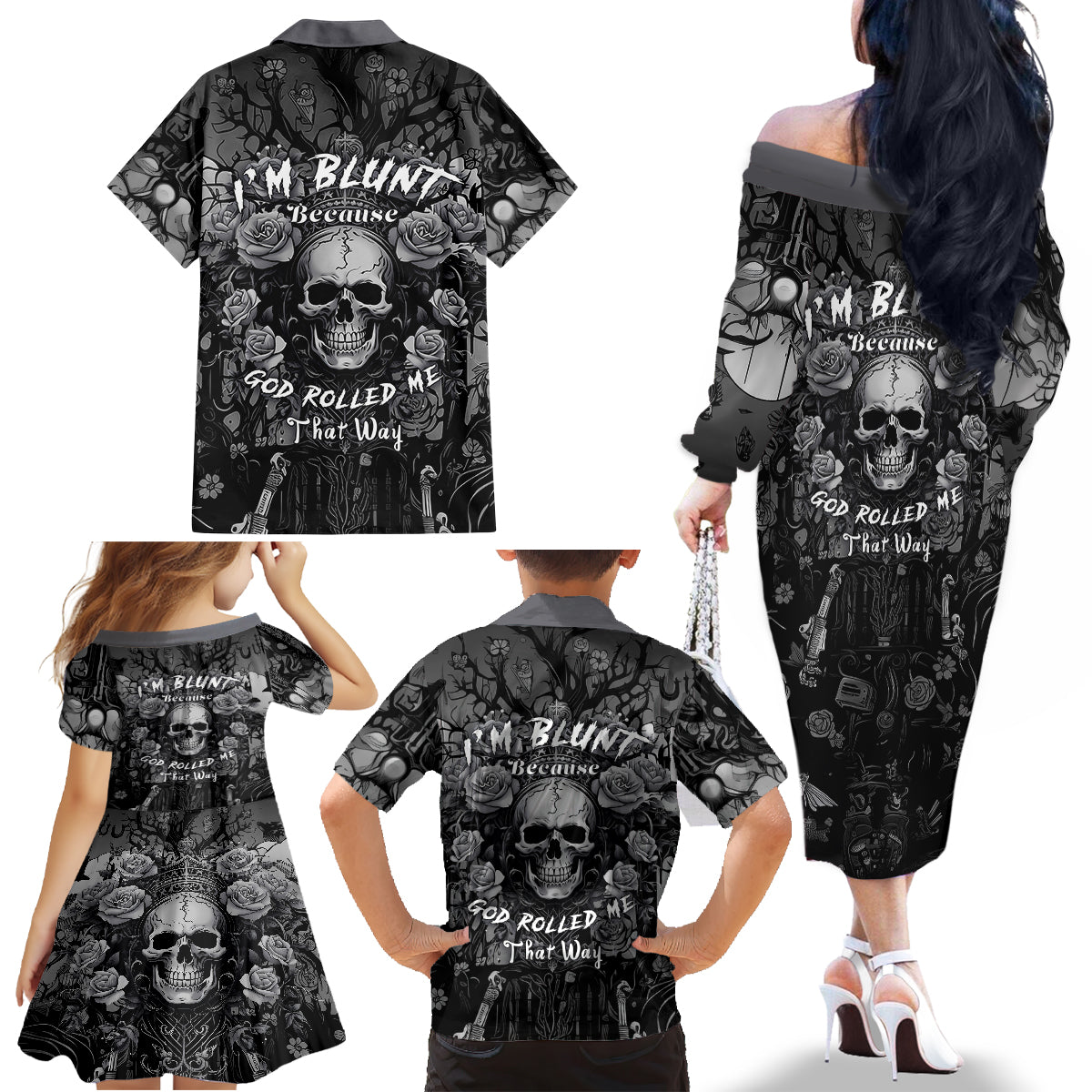 I'm Blunt Because God Rolled Me That Way Family Matching Off Shoulder Long Sleeve Dress and Hawaiian Shirt - Wonder Print Shop