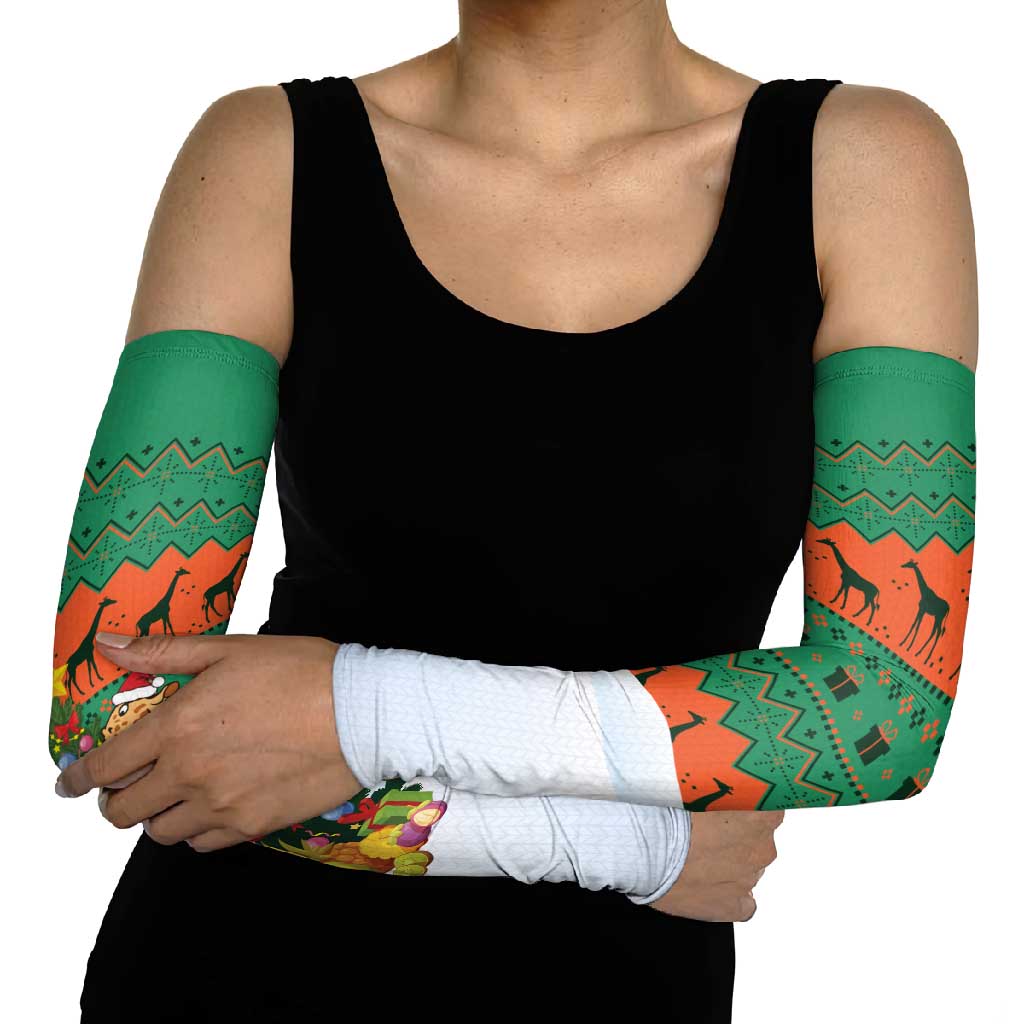 Giraffes Decorating Tree Gifts Arm Sleeves with Orange Green Holiday Pattern Design - Wonder Print Shop