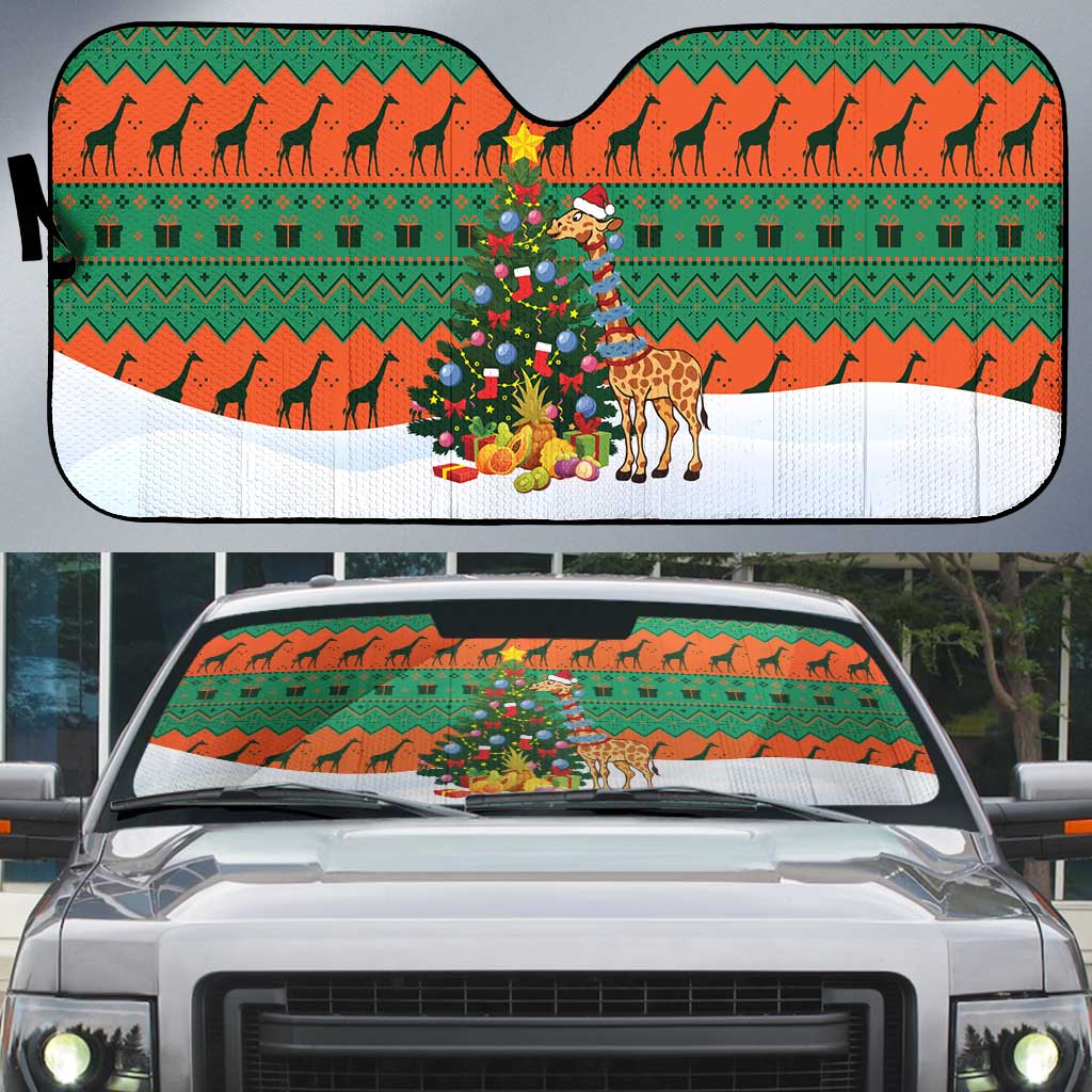 Giraffes Decorating Tree Gifts Auto Sun Shade with Orange Green Holiday Pattern Design - Wonder Print Shop