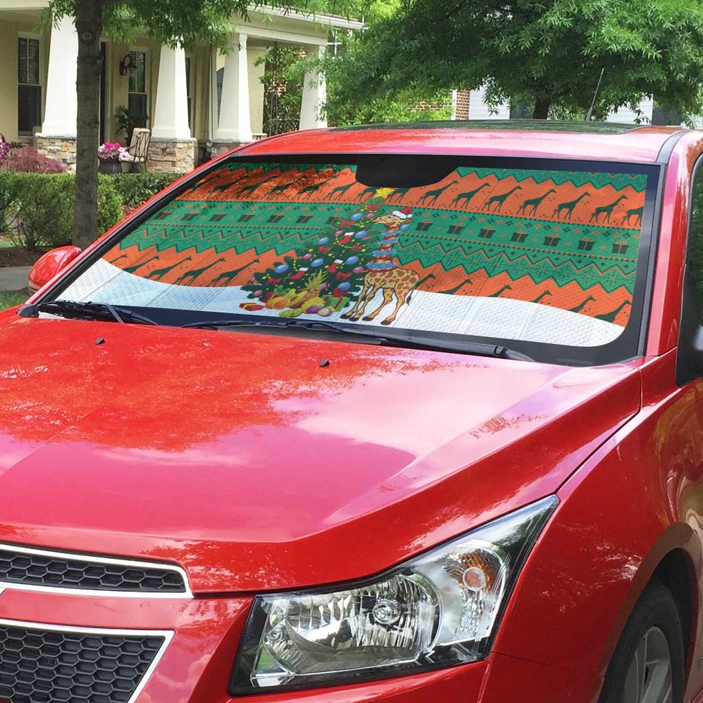 Giraffes Decorating Tree Gifts Auto Sun Shade with Orange Green Holiday Pattern Design - Wonder Print Shop