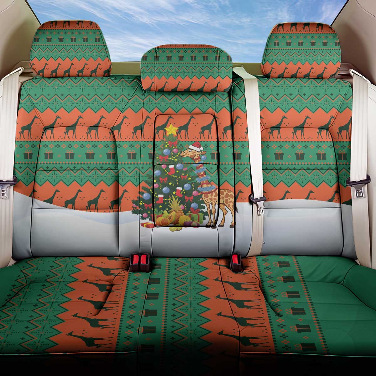 Giraffes Decorating Tree Gifts Back Car Seat Cover with Orange Green Holiday Pattern Design - Wonder Print Shop