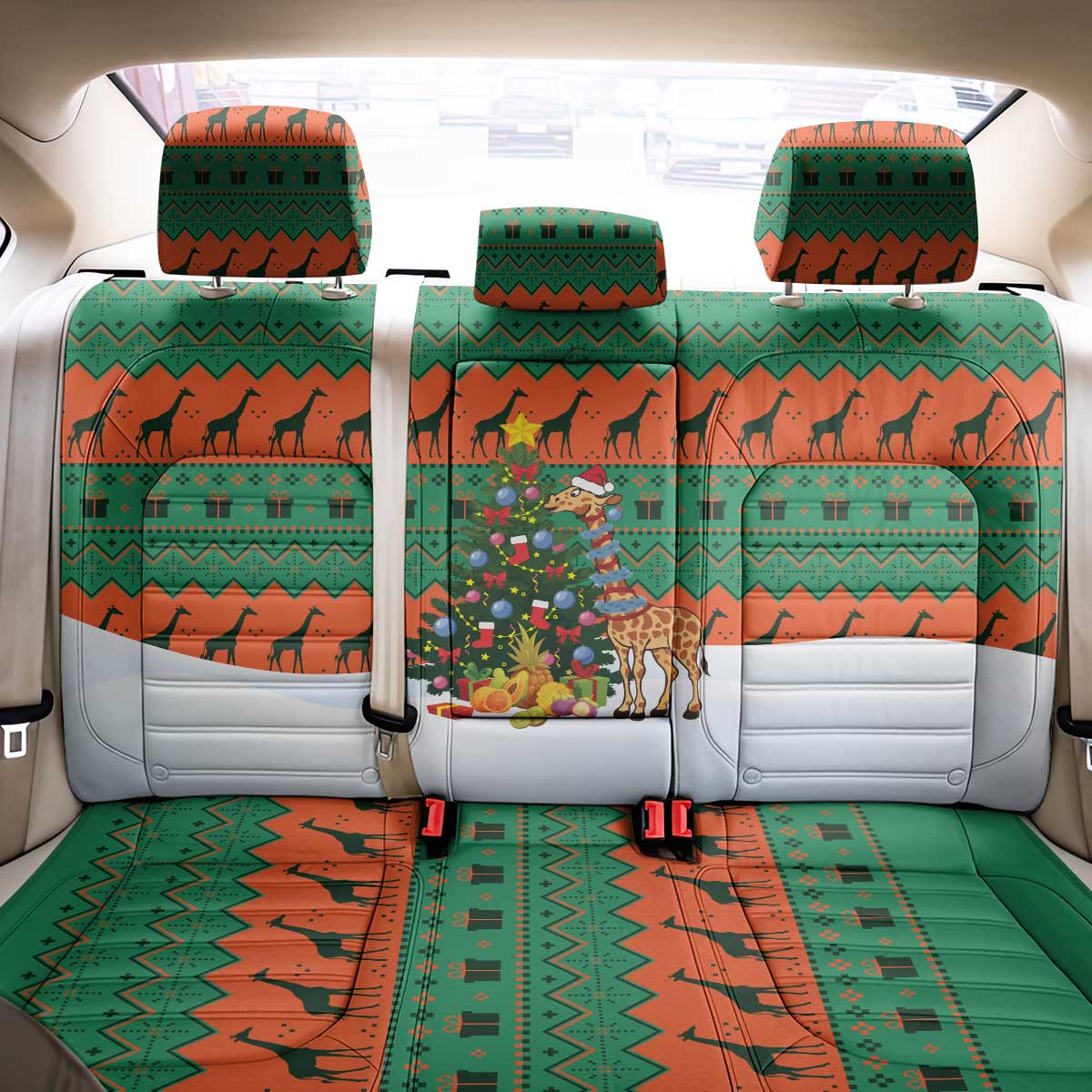 Giraffes Decorating Tree Gifts Back Car Seat Cover with Orange Green Holiday Pattern Design - Wonder Print Shop