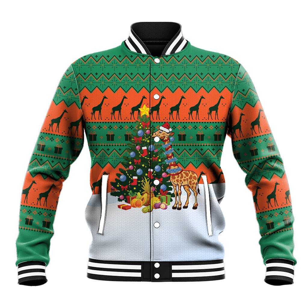 Giraffes Decorating Tree Gifts Baseball Jacket with Orange Green Holiday Pattern Design - Wonder Print Shop