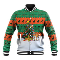 Giraffes Decorating Tree Gifts Baseball Jacket with Orange Green Holiday Pattern Design - Wonder Print Shop