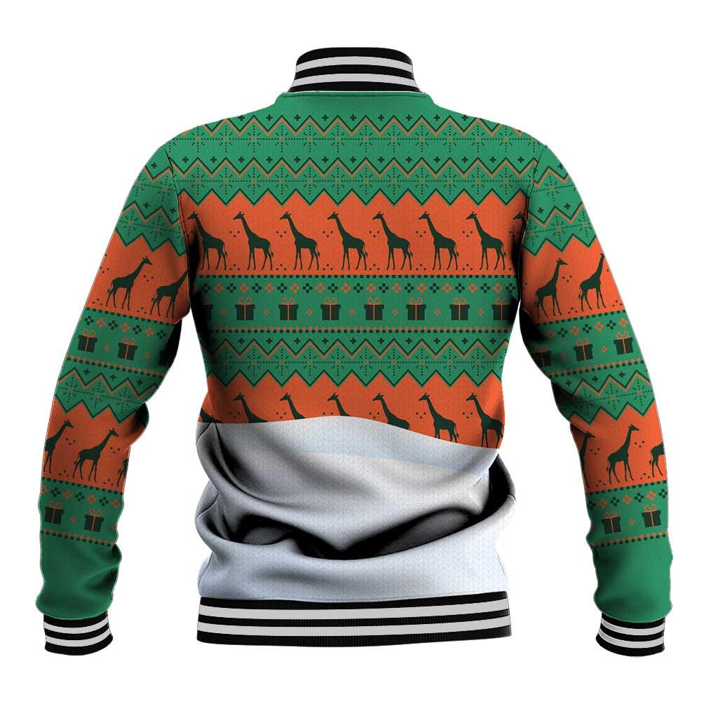 Giraffes Decorating Tree Gifts Baseball Jacket with Orange Green Holiday Pattern Design - Wonder Print Shop