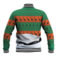 Giraffes Decorating Tree Gifts Baseball Jacket with Orange Green Holiday Pattern Design - Wonder Print Shop