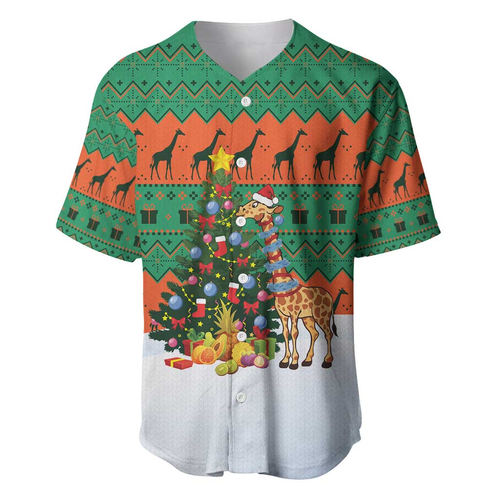 Giraffes Decorating Tree Gifts Baseball Jersey with Orange Green Holiday Pattern Design - Wonder Print Shop