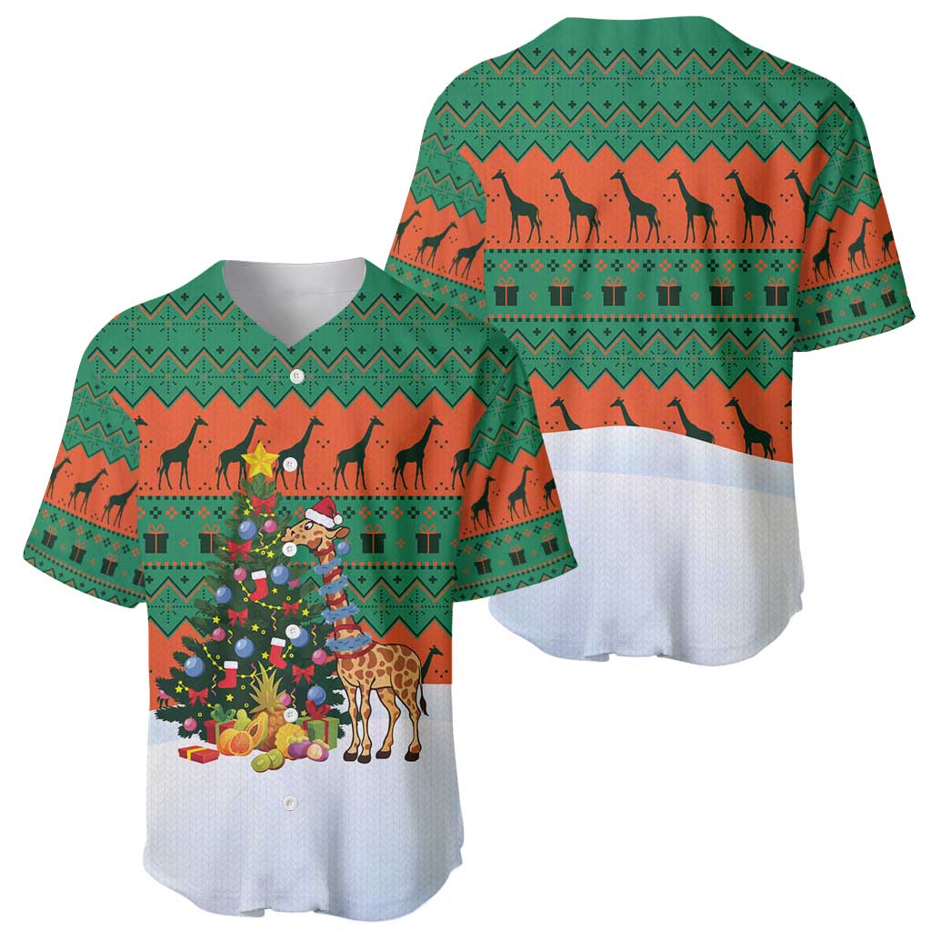 Giraffes Decorating Tree Gifts Baseball Jersey with Orange Green Holiday Pattern Design - Wonder Print Shop