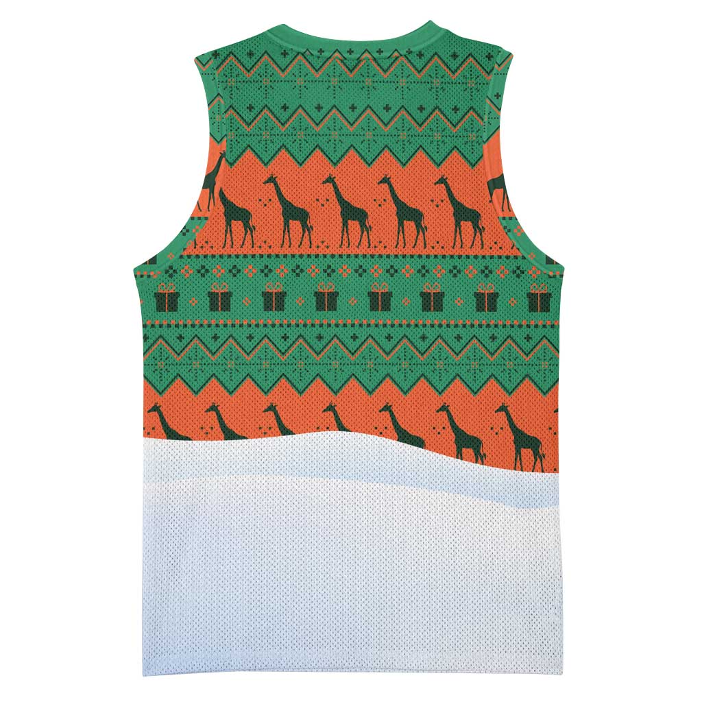 Giraffes Decorating Tree Gifts Basketball Jersey with Orange Green Holiday Pattern Design - Wonder Print Shop
