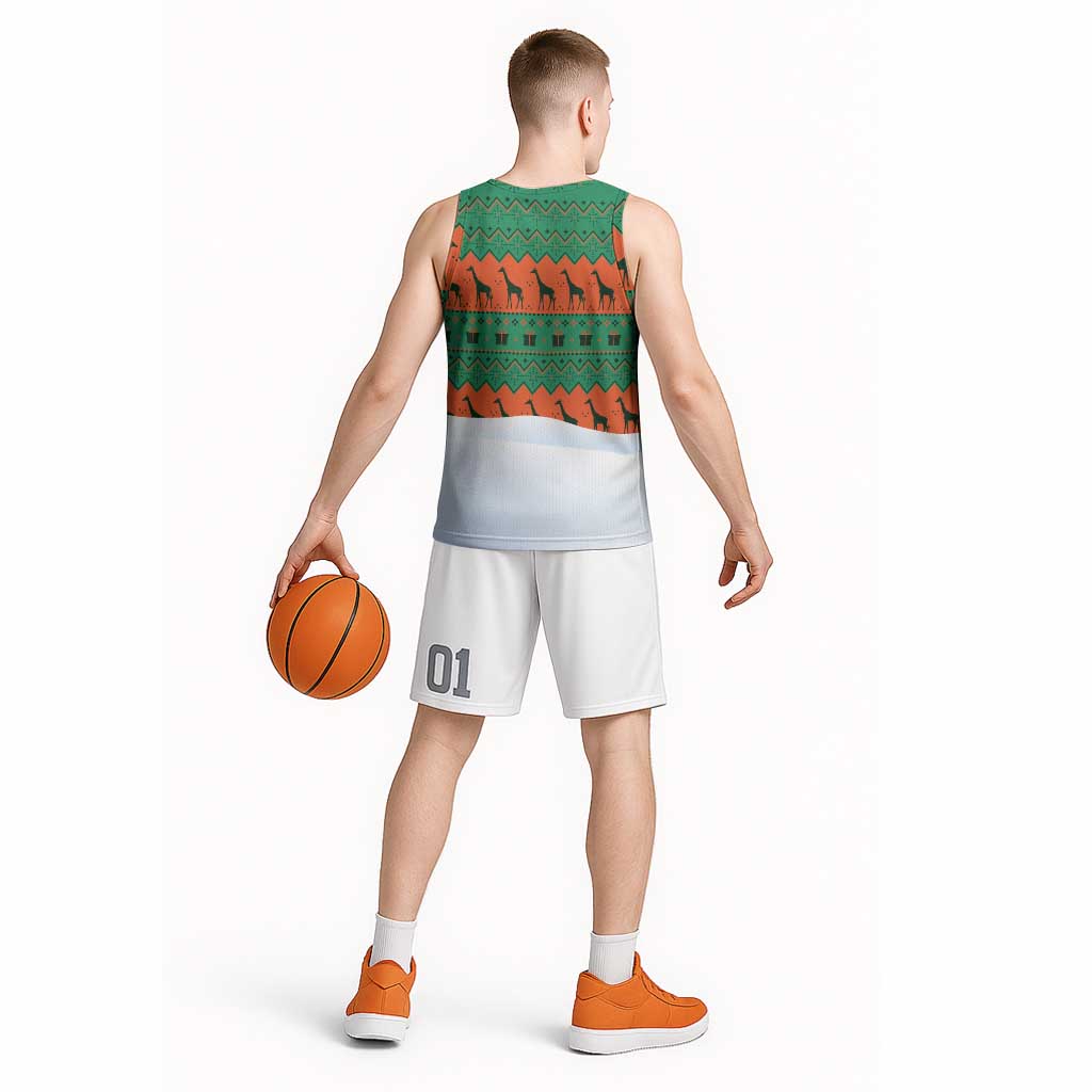 Giraffes Decorating Tree Gifts Basketball Jersey with Orange Green Holiday Pattern Design - Wonder Print Shop