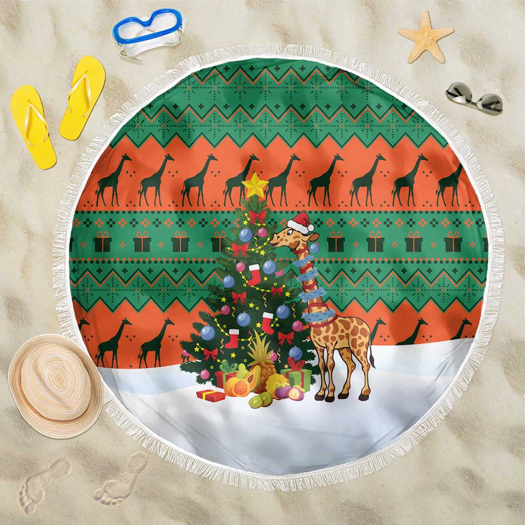 Giraffes Decorating Tree Gifts Beach Blanket with Orange Green Holiday Pattern Design - Wonder Print Shop