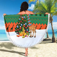 Giraffes Decorating Tree Gifts Beach Blanket with Orange Green Holiday Pattern Design - Wonder Print Shop