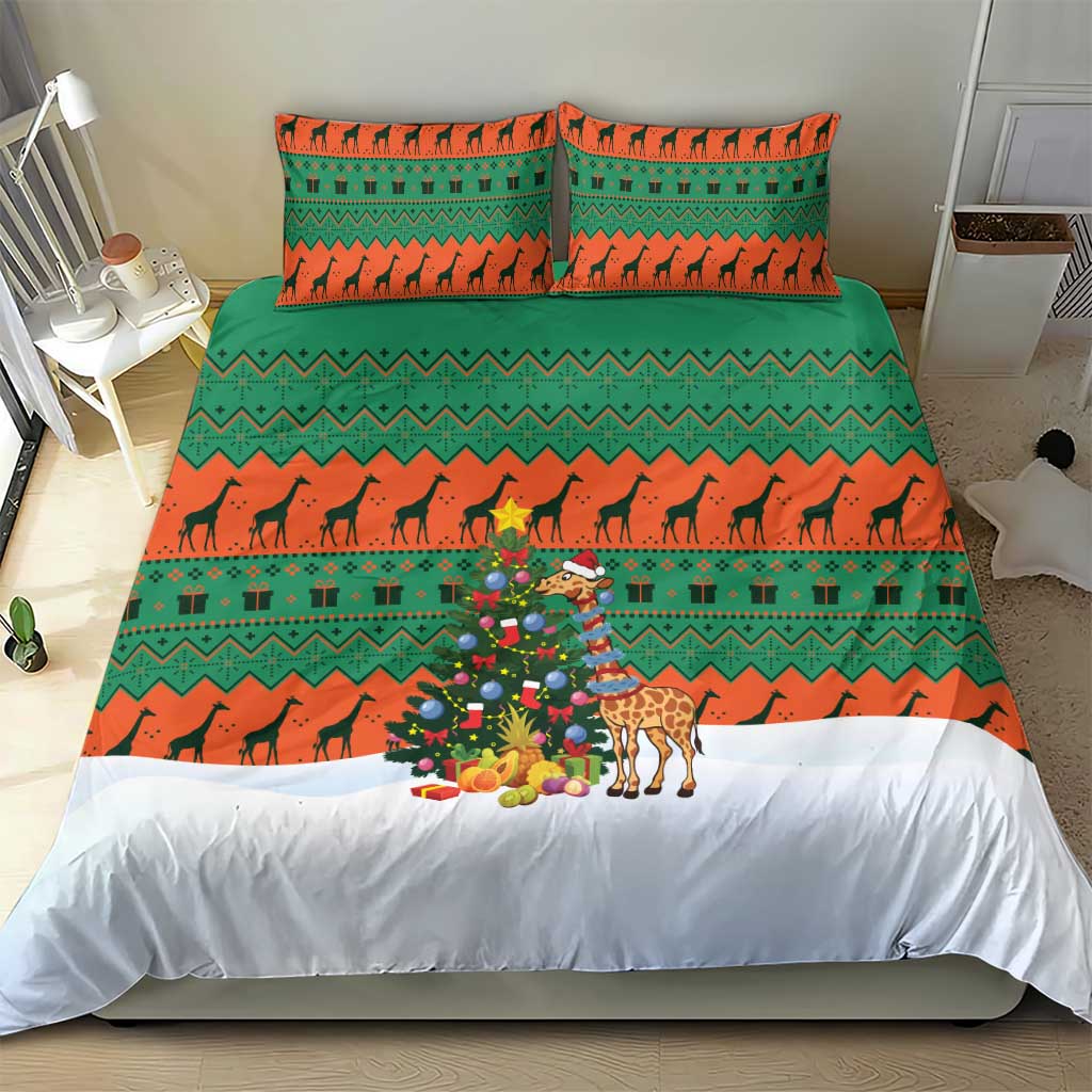 Giraffes Decorating Tree Gifts Bedding Set with Orange Green Holiday Pattern Design - Wonder Print Shop