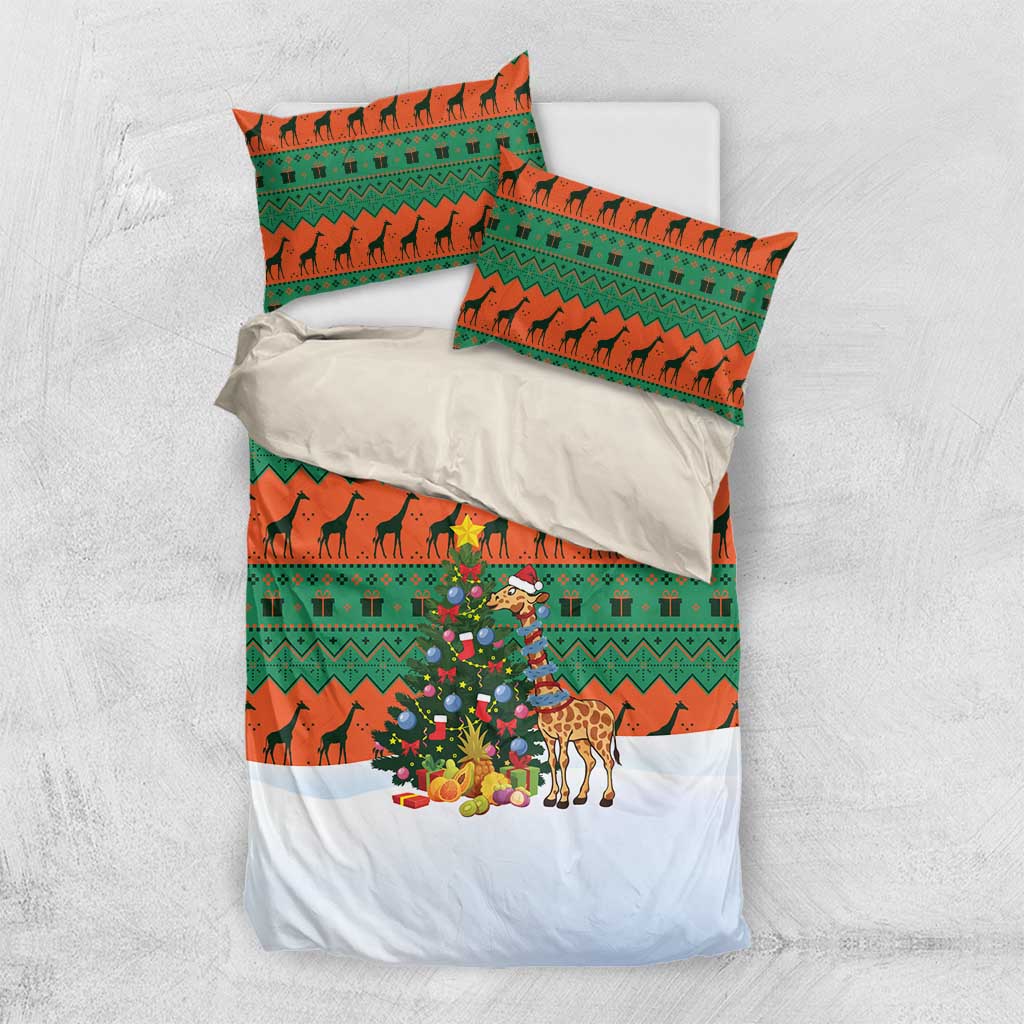 Giraffes Decorating Tree Gifts Bedding Set with Orange Green Holiday Pattern Design - Wonder Print Shop