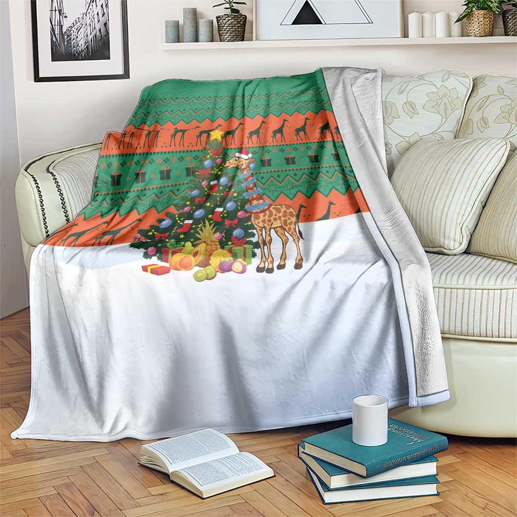 Giraffes Decorating Tree Gifts Blanket with Orange Green Holiday Pattern Design - Wonder Print Shop