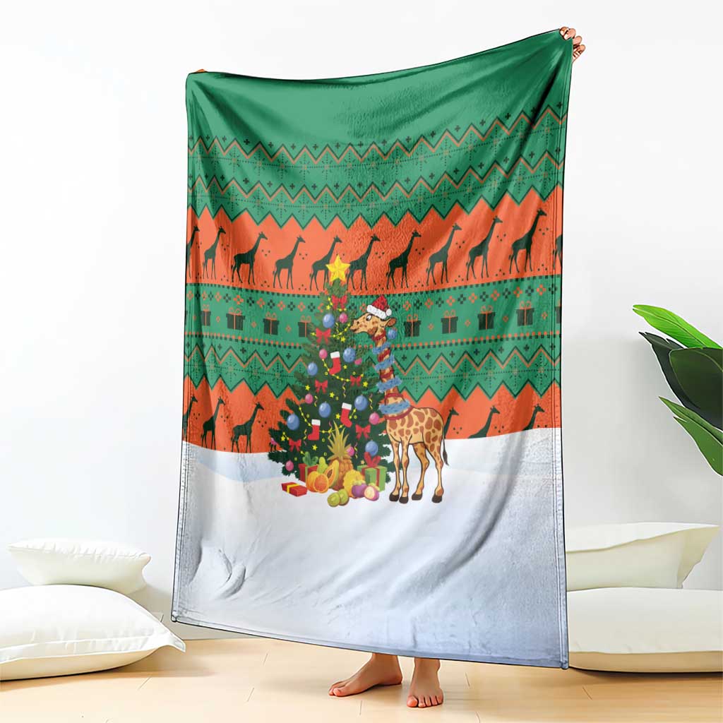 Giraffes Decorating Tree Gifts Blanket with Orange Green Holiday Pattern Design - Wonder Print Shop
